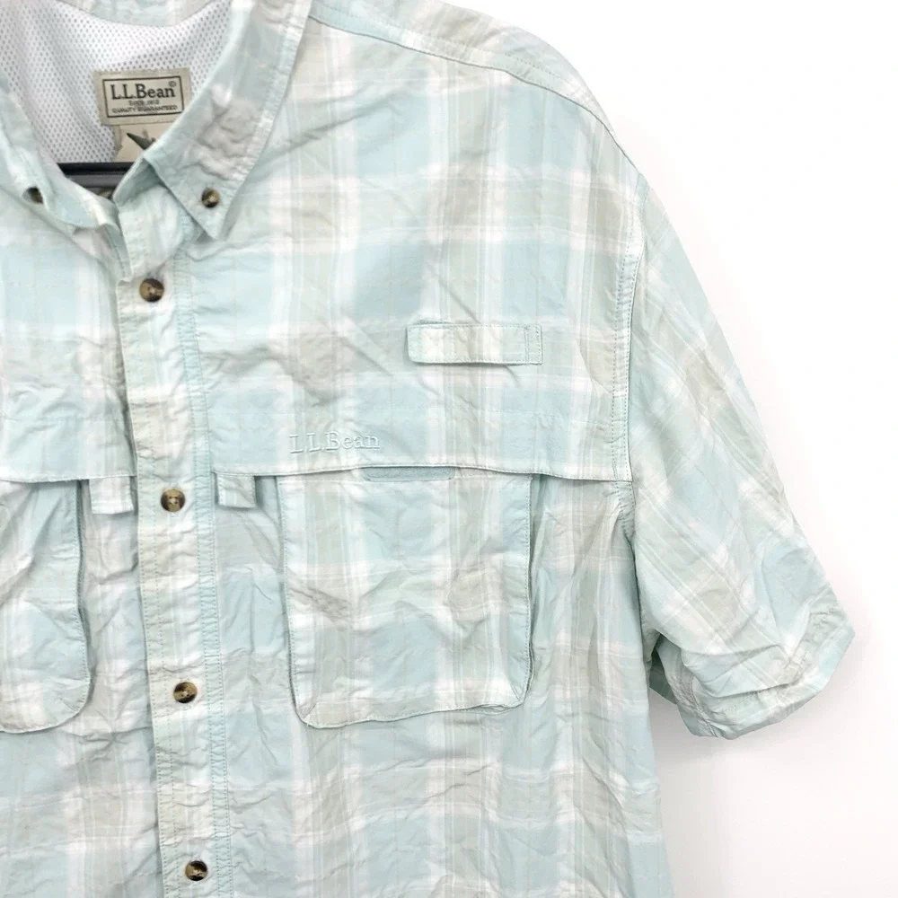 LL Bean Men‎ Size XXL Shirt Blue Plaid Short Sleeve Button Down Top Nylon Vent